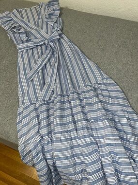 Coastal Striped Midi Tiered Dress Small Ruffles Seersucker Belted Summer